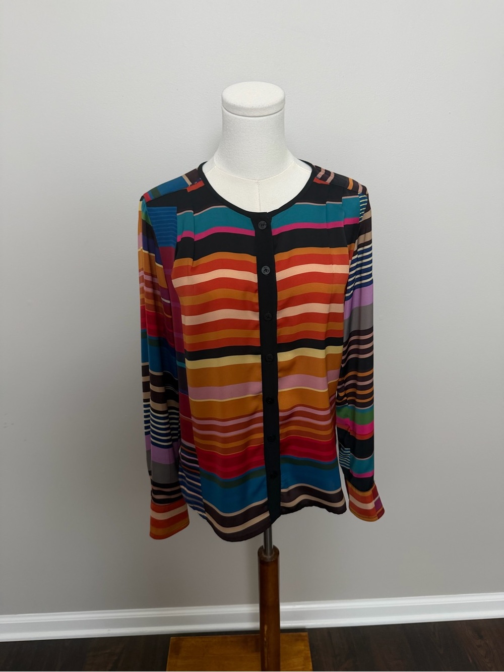 Trina Turk Top Blouse Silk Striped Color Block Button Front Long sleeve Bold